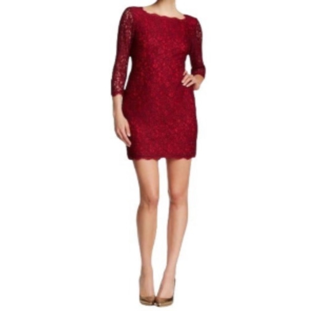Adrianna Papell Red Lace Long Sleeve Sheath Dress